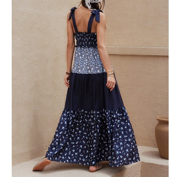 Boho Floral print Color Block Adjustable Straps maxi Dress - Picture 4 of 6